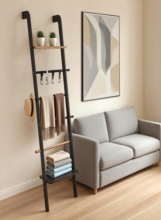 Fuairmee Wooden Ladder with Shelf for Decor, 6-Tier Decor Ladder with Non-Slip Mat & Hooks, Farmhouse Style Leaning Wall Display Holder, Black - Image 1