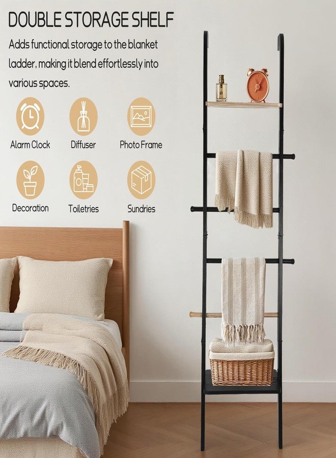 Fuairmee Wooden Ladder with Shelf for Decor, 6-Tier Decor Ladder with Non-Slip Mat & Hooks, Farmhouse Style Leaning Wall Display Holder, Black - Image 4