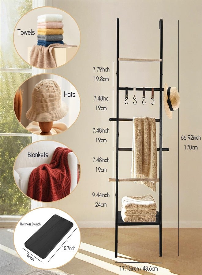 Fuairmee Wooden Ladder with Shelf for Decor, 6-Tier Decor Ladder with Non-Slip Mat & Hooks, Farmhouse Style Leaning Wall Display Holder, Black - Image 5