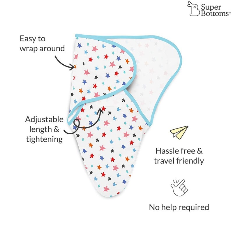 superbottoms Dry Feel Swaddle Wrap for Newborn | SuperDryFeel Layer to Keep Baby Dry | Extra Soft | 100% Cotton | Easy to Wear, Travel-Friendly Wrapper | 0-3 Months, Baby Wrappers | Starry Skies. - Image 3