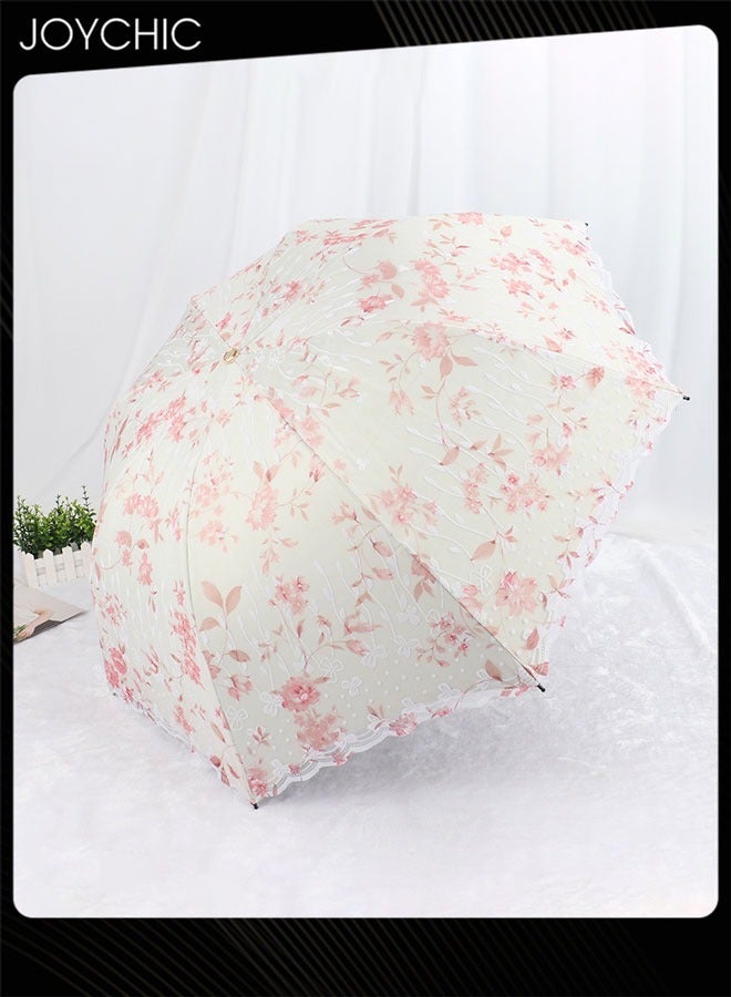 Joychic Women Portbale Elegant Lace Pattern Sun-Proof Rain-Resistant 3 Fold Travel Umbrella Pink  - Image 1