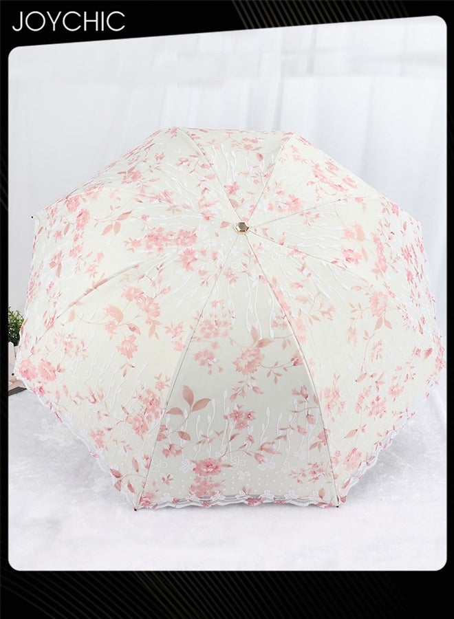 Joychic Women Portbale Elegant Lace Pattern Sun-Proof Rain-Resistant 3 Fold Travel Umbrella Pink  - Image 2