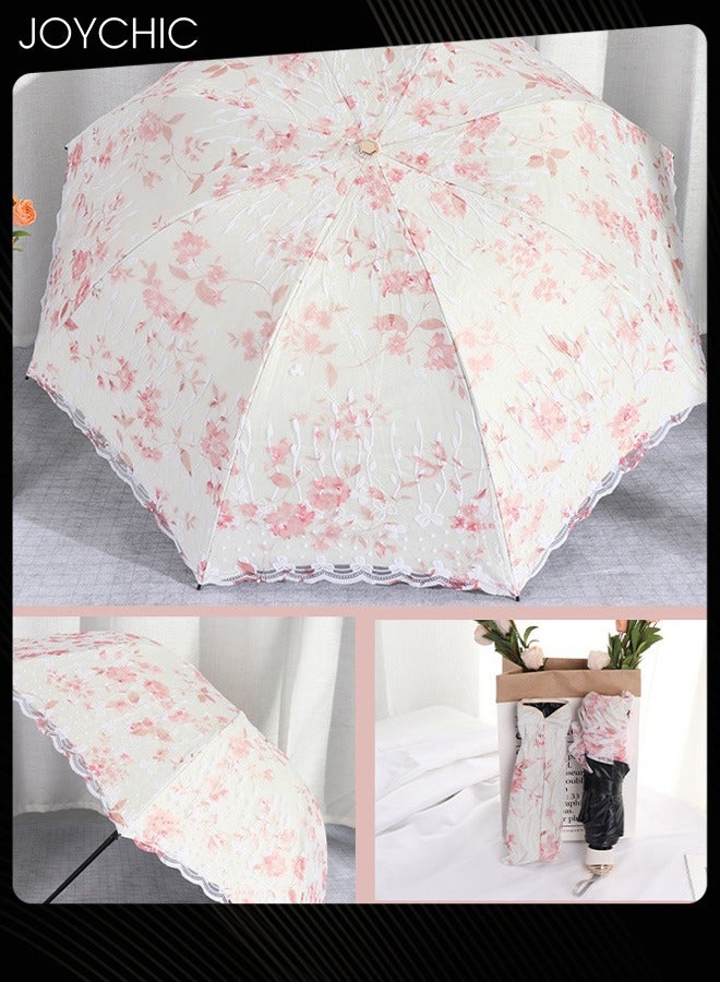Joychic Women Portbale Elegant Lace Pattern Sun-Proof Rain-Resistant 3 Fold Travel Umbrella Pink  - Image 3