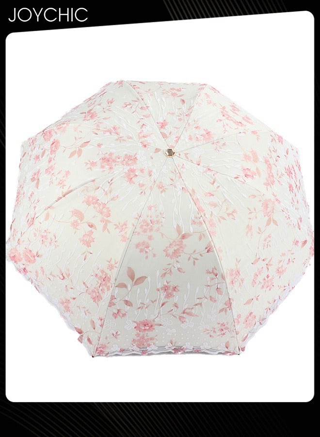 Joychic Women Portbale Elegant Lace Pattern Sun-Proof Rain-Resistant 3 Fold Travel Umbrella Pink  - Image 4