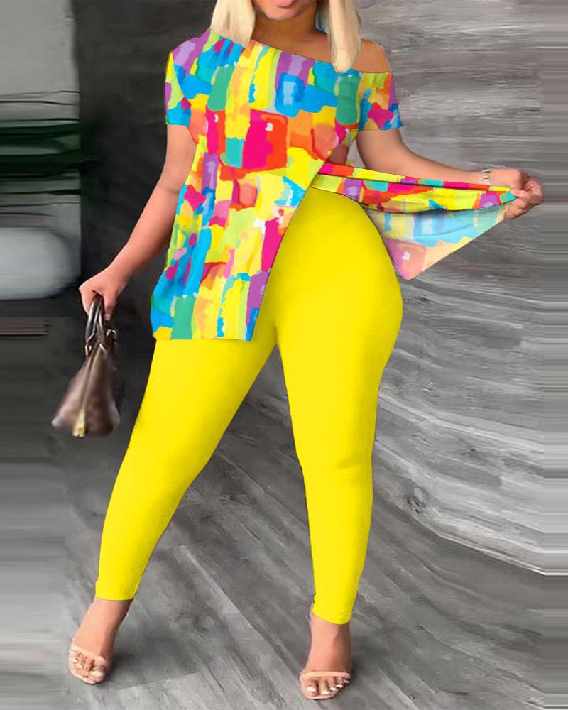 2026 Autumn European and American Women's Fashion Two-Piece Set with Slanted Neckline and Printed Pants