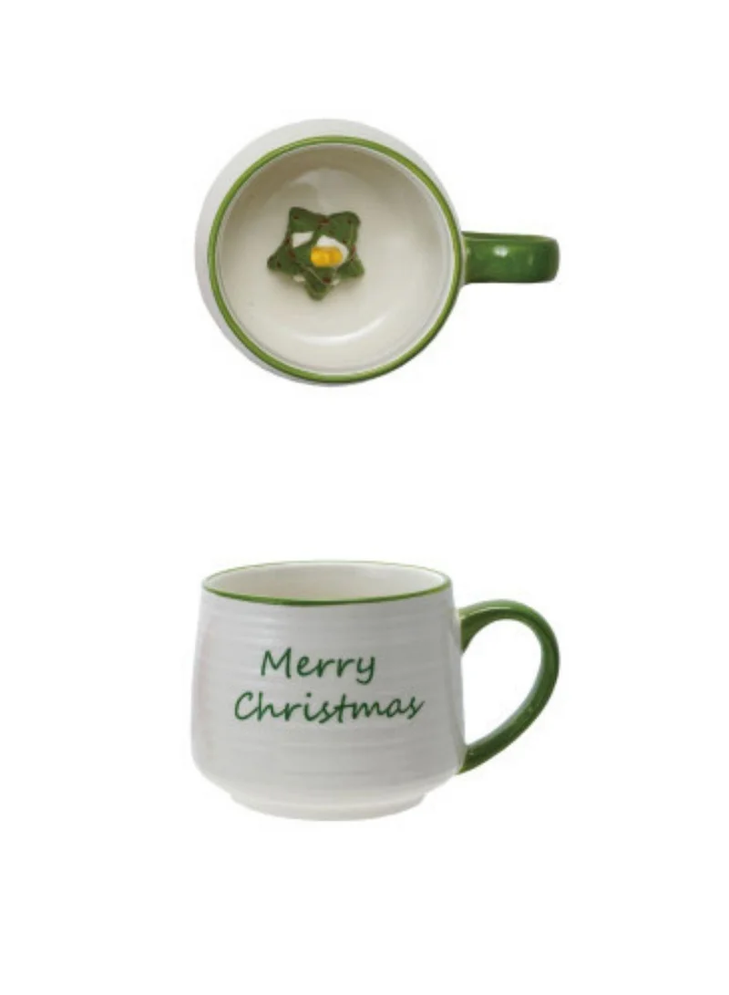 The Saffron Souk 14 oz. Holiday Tree Surprise Stoneware Mug – Green Rim