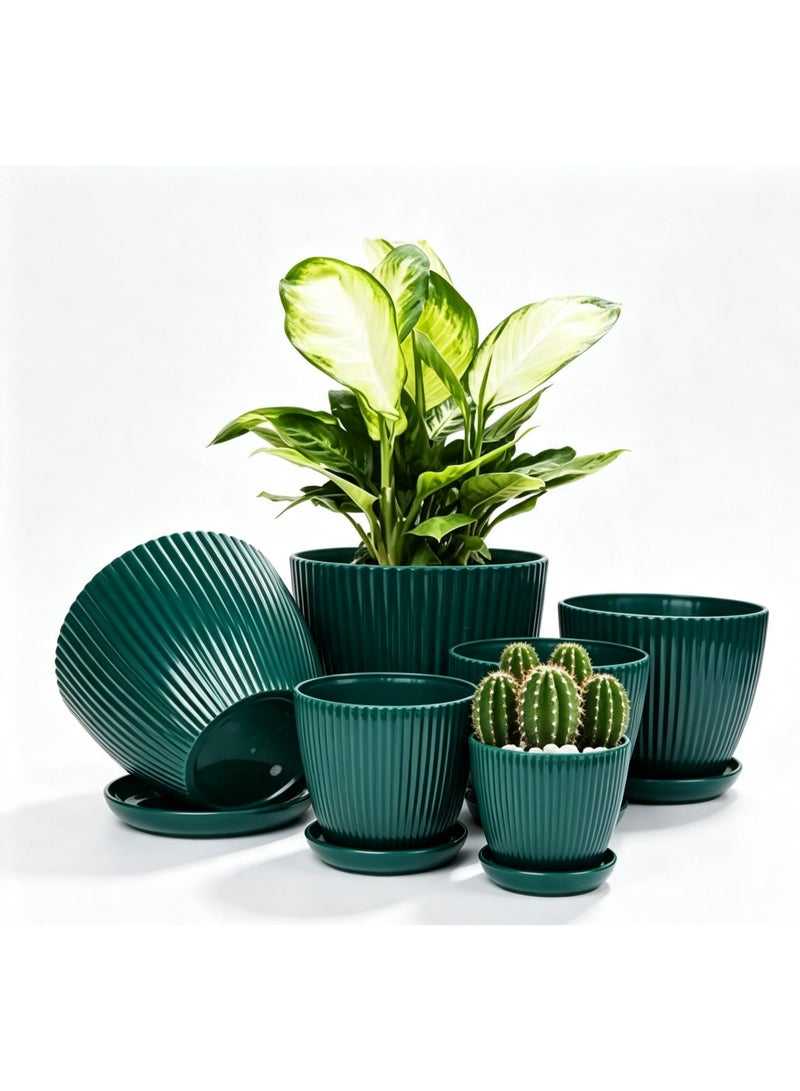Arabest 6 Pack Plastic Flower Pot,Plant Planters With Drainage Holes And Trays For Indoor Plants,Outdoor Planter Pot,6 Different Sizes,Resin Decorative Garden Pots Planters,Dark Green - Image 1