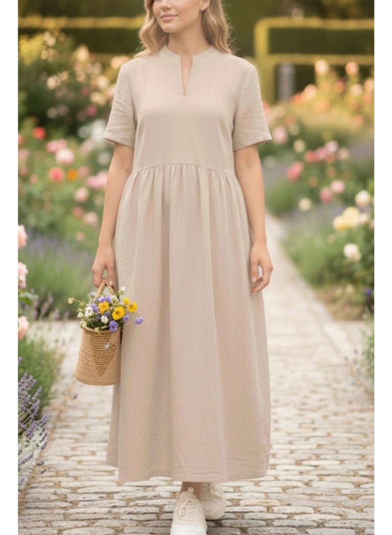SOLOBUY Light Linen Dress, 100% Linen, Short Sleeves, Crew Collar, Loose Fit, Beige - Image 1
