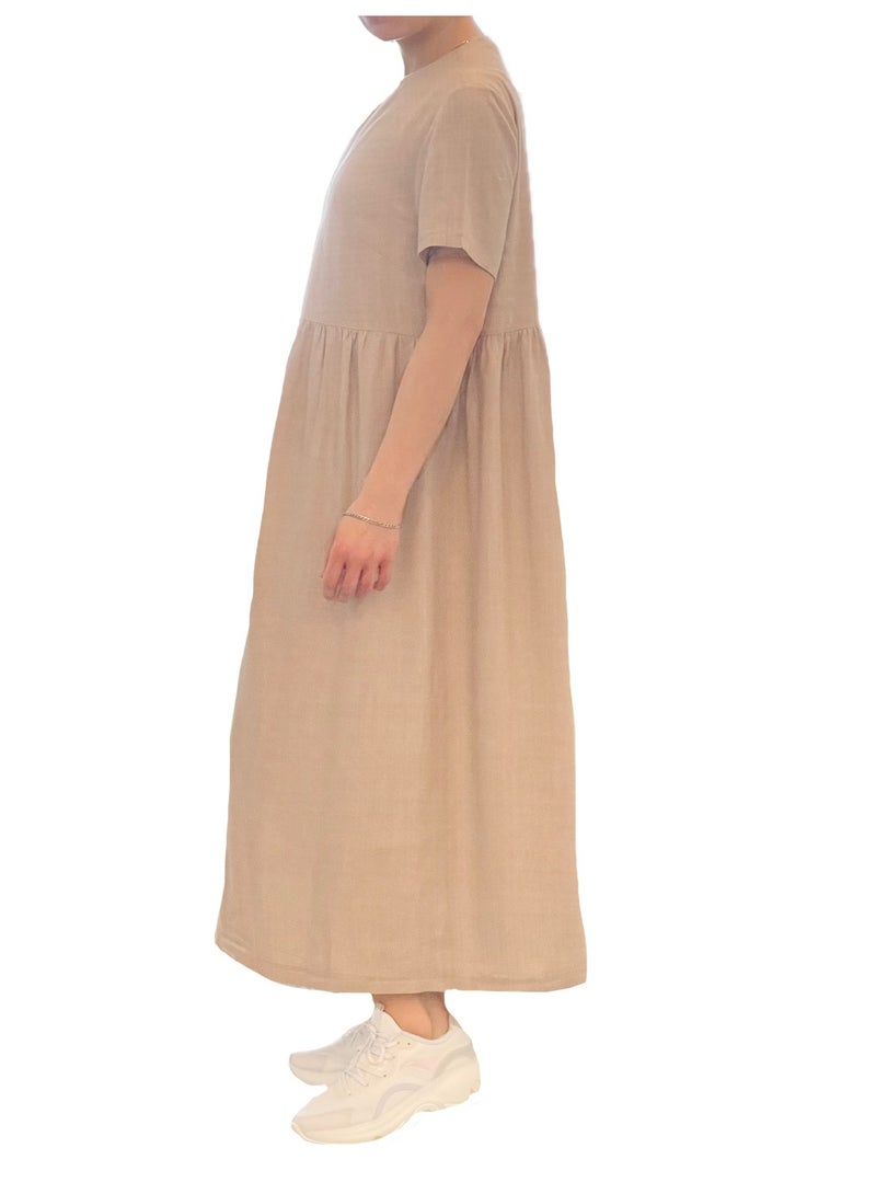 SOLOBUY Light Linen Dress, 100% Linen, Short Sleeves, Crew Collar, Loose Fit, Beige - Image 2