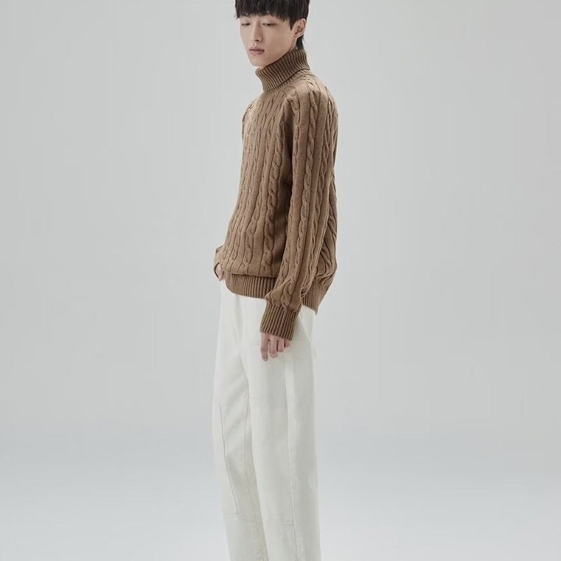 Mens Turtleneck Sweater Winter Loose Knitwear Brown