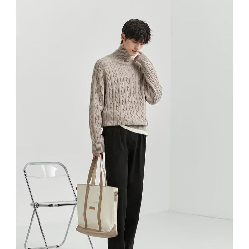 Mens Turtleneck Sweater Winter Loose Knitwear Brown