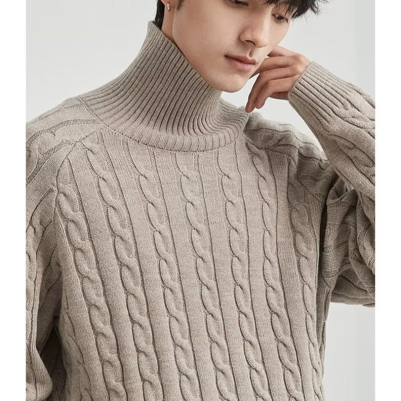 Mens Turtleneck Sweater Winter Loose Knitwear Brown