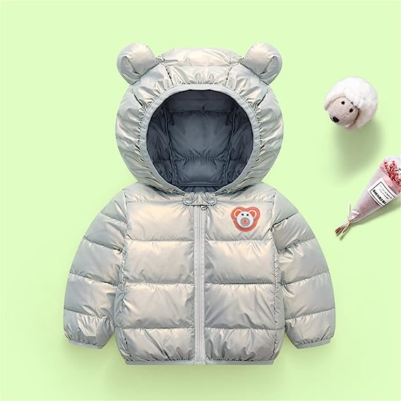 Bold N Elegant Blue Cartoon Lion Print Kids Shiny Sparkling Quilted Winter Warm Hood Jacket Coat Fleece Bomber Jersey Coat Quilted Jacket for Boys Girls Kids (Grey, 4-5 Years) - Image 2