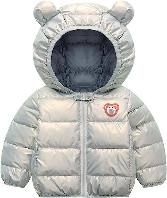 Bold N Elegant Blue Cartoon Lion Print Kids Shiny Sparkling Quilted Winter Warm Hood Jacket Coat Fleece Bomber Jersey Coat Quilted Jacket for Boys Girls Kids (Grey, 4-5 Years) - Image 1