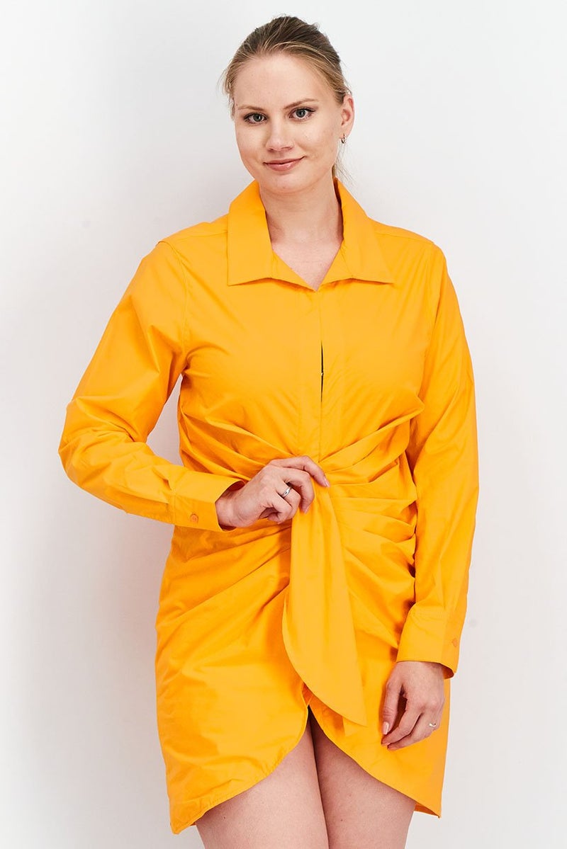 The Giving Movement Women Long Sleeve Rouched Shirt Dress, Neon Orange - Image 1