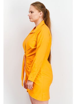 The Giving Movement Women Long Sleeve Rouched Shirt Dress, Neon Orange  - Image 2
