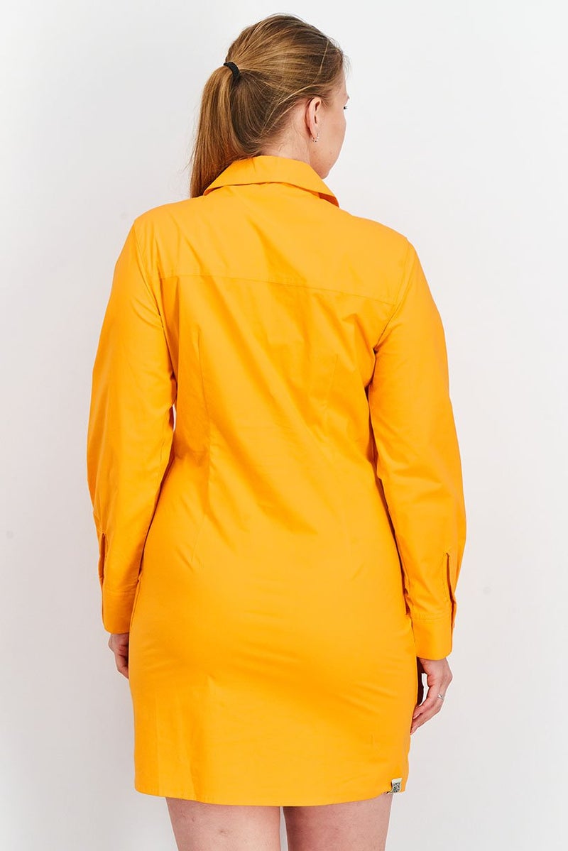 The Giving Movement Women Long Sleeve Rouched Shirt Dress, Neon Orange - Image 3