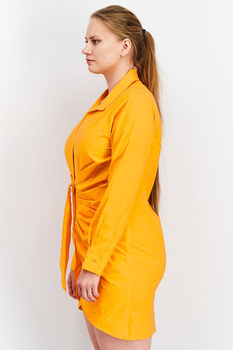 The Giving Movement Women Long Sleeve Rouched Shirt Dress, Neon Orange - Image 2