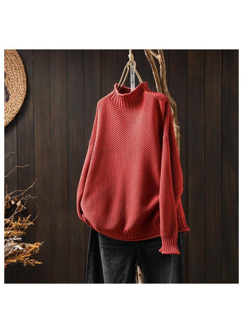 Generic ArtisticVintage Womens Half-Polo Turtle Neck Sweater Loose-Fit Large Board Type 2024 Autumn/Winter Casual Pullover Knit Base La Brown  - Image 4