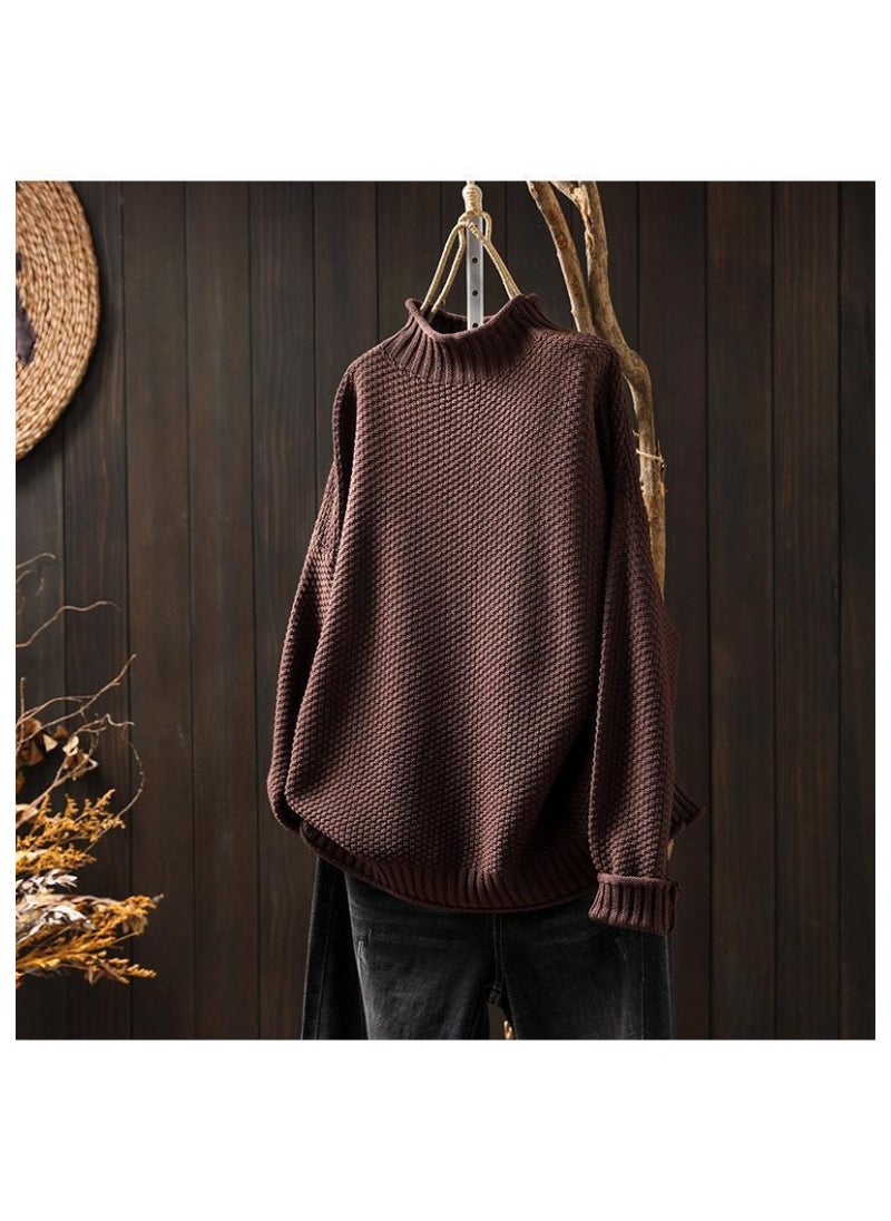 Generic ArtisticVintage Womens Half-Polo Turtle Neck Sweater Loose-Fit Large Board Type 2024 Autumn/Winter Casual Pullover Knit Base La Brown  - Image 1