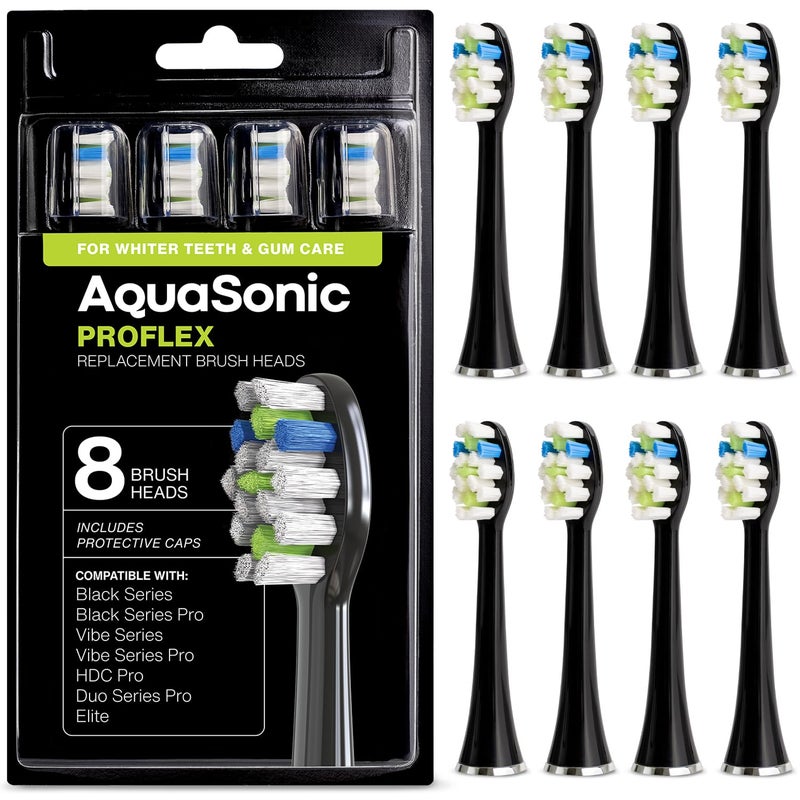 AquaSonic Proflex Replacement Brush Heads | for Whiter Teeth & Gum Care | Compatible with Many AquaSonic Toothbrush Handles (8 Pack Black) - Image 1