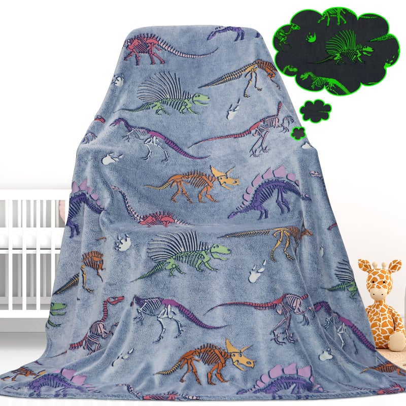 Gdindff Glow in The Dark Dinosaur Blanket for Kids Polyester Throw Blue Kids Glow in The Dark Dinosaur Blankets and Throws