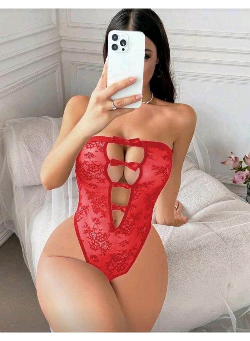لانجرى انيق بادي لانجري حريمي أسود مشجّر بتصميم جريء وفيونكات أنيقة بلاي سوتس جذابه ضيفي لنفسك لمسة انثوية رقيقة و جذابة كود 801 - Image 2