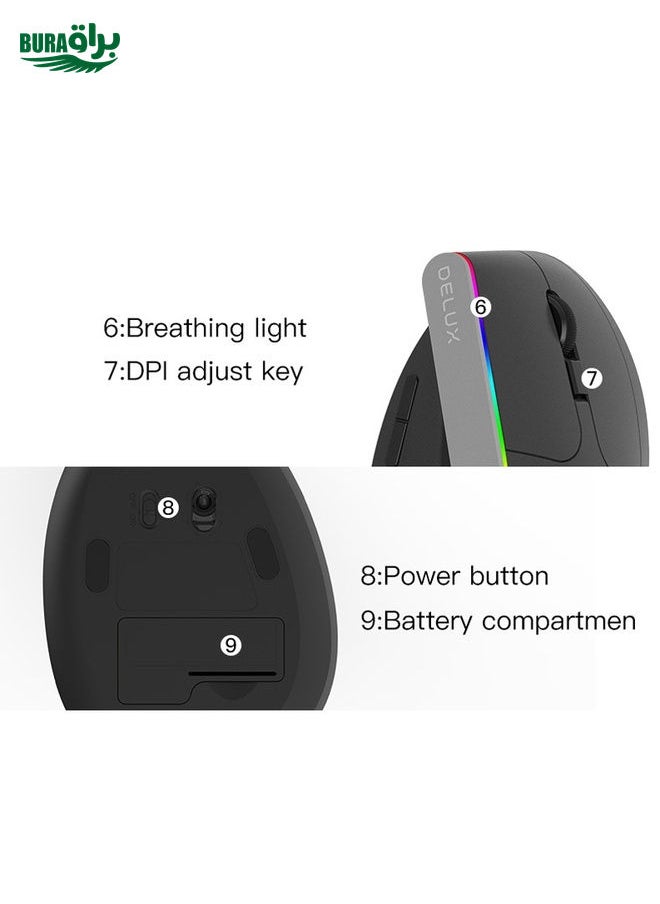 DELUX M618C 6 Keys 1600 DPI RGB Vertical Wireless Bluetooth Dual Mode Mouse(Black)