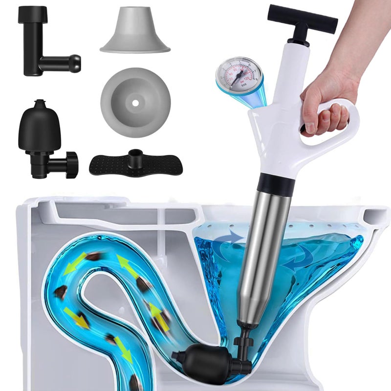Toilet Plunger Drain Clog Remover HighPressure Air Drain Blaster with RealTime Barometer Powerful Drain Snake Sink Plunger Plumbing Tools Plungers for Bathroom Sink Floor Kitchen Clogged