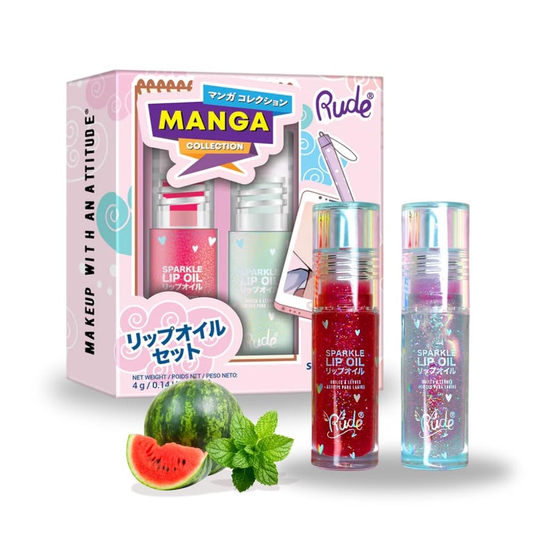 Rude مجموعة زيت الشفاه المتلألئ من RUDE Cosmetics - مجموعة مانغا، لامع لطيف للنساء والفتيات، مرطب ومغذي للشفاه، لامع يدوم طويلاً، بنكهة البطيخ والنعناع