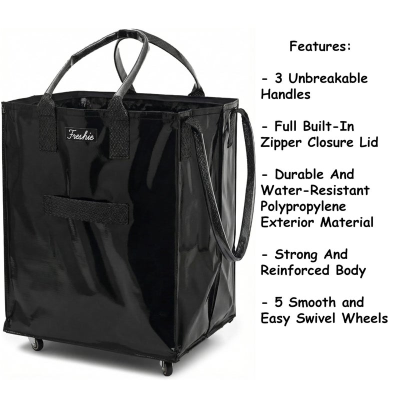 FRESHIE Reusable Grocery Bag On Wheels, Shopping Trolley, Rolling Tote, Zipper Closure, Lightweight, Carries Up to 66 lb, Folds Flat, Unbreakable Handles (Large, Black) - Image 5