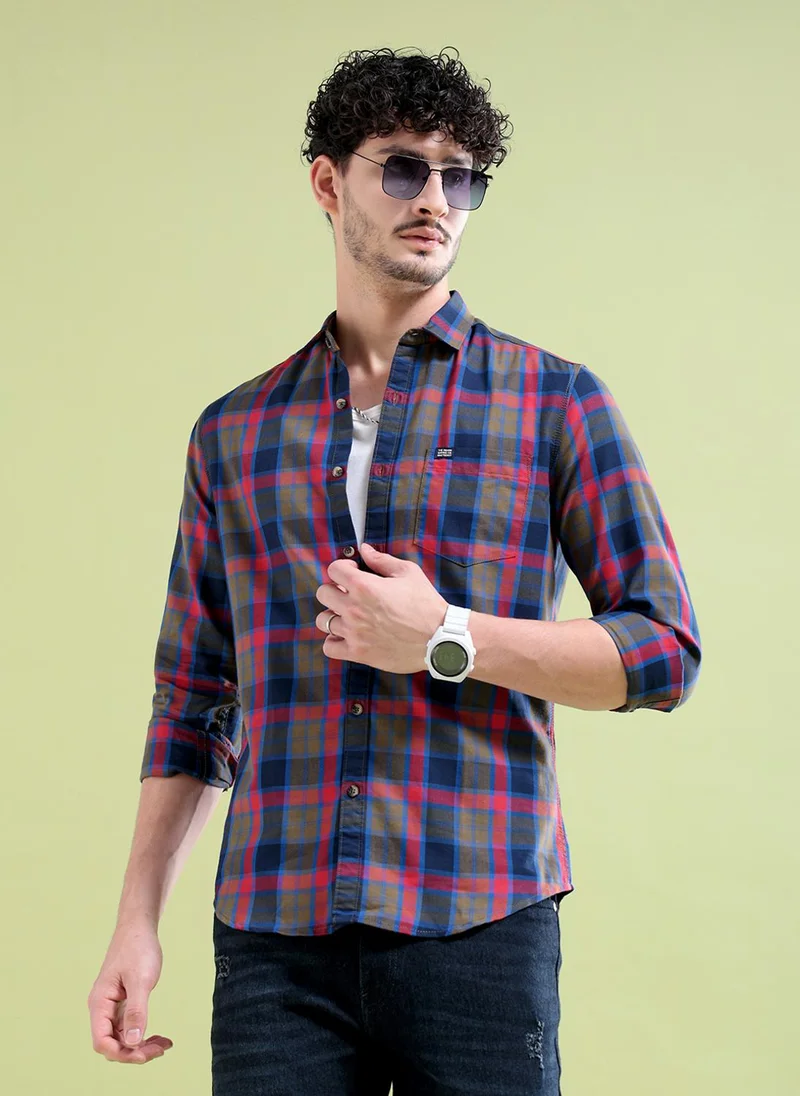 The Indian Garage Co Men Slim Fit Checkered Full Sleeves Spread Collar Casual Shirt