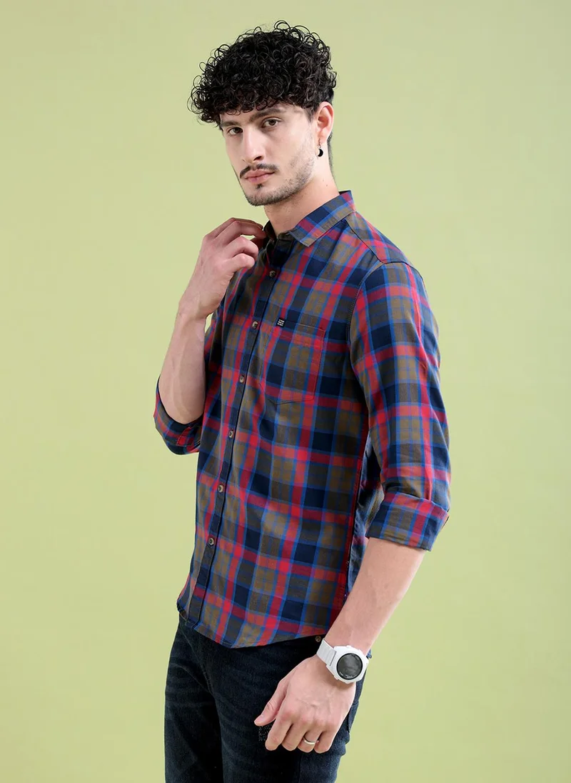 شركة المرآب الهندية Men Slim Fit Checkered Full Sleeves Spread Collar Casual Shirt