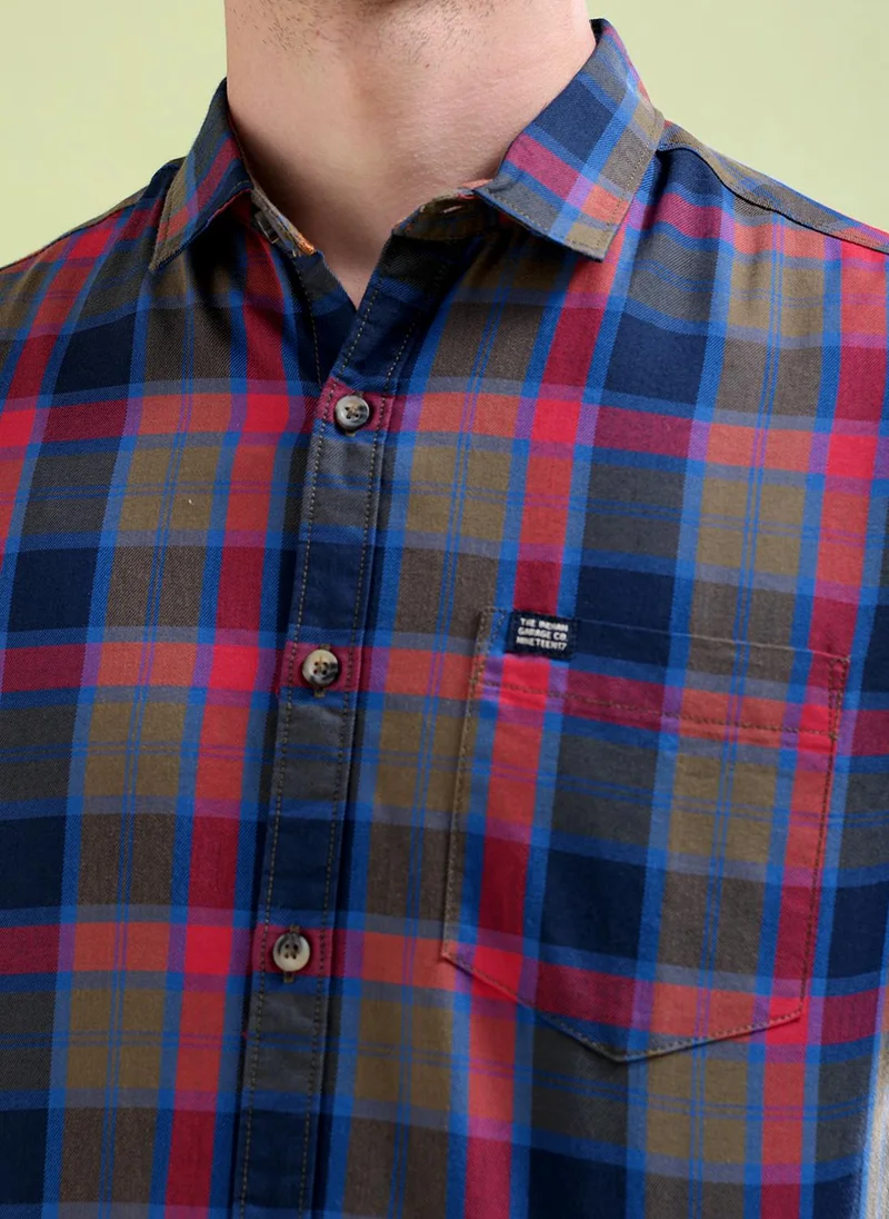 شركة المرآب الهندية Men Slim Fit Checkered Full Sleeves Spread Collar Casual Shirt