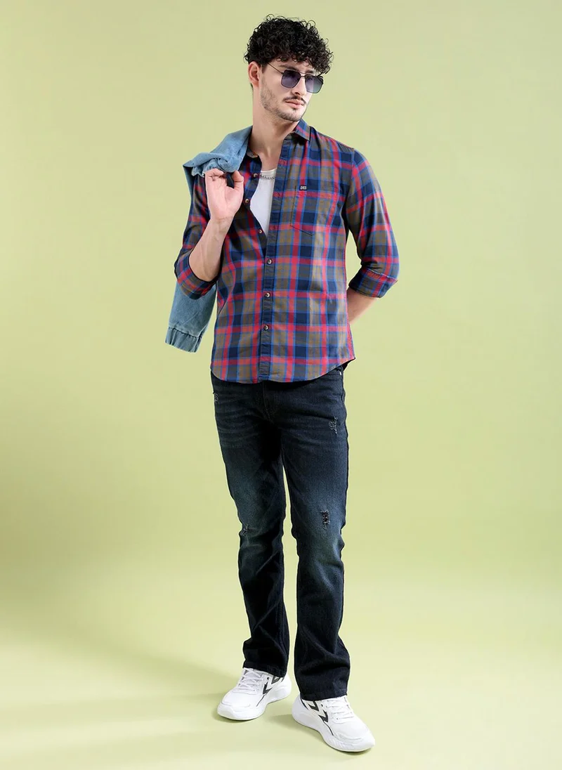 شركة المرآب الهندية Men Slim Fit Checkered Full Sleeves Spread Collar Casual Shirt