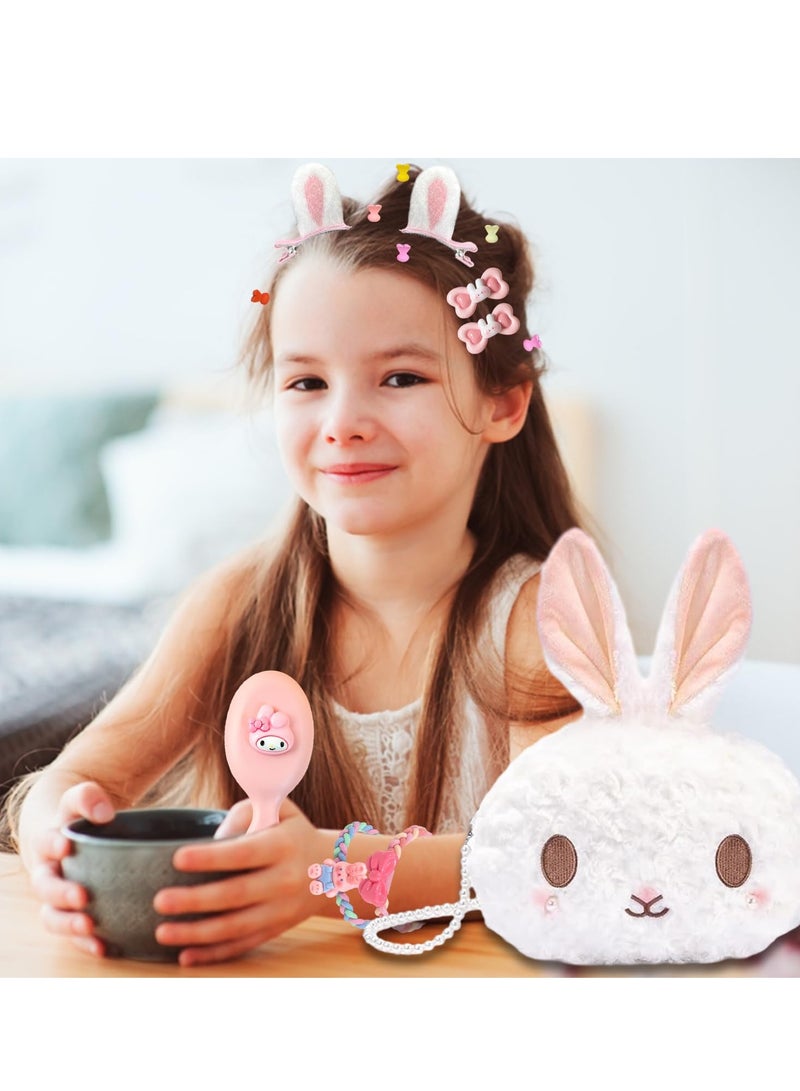 Adorable Plush Bunny Bag with Pearl Strand, Cute Handbags for Girls, Bunny Themed Kids Bags with Hair Accessories, Cartoon Bunny Hair Rope and Comb, Perfect Birthday Gifts for Toddlers - Image 3