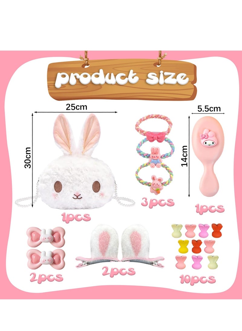 Adorable Plush Bunny Bag with Pearl Strand, Cute Handbags for Girls, Bunny Themed Kids Bags with Hair Accessories, Cartoon Bunny Hair Rope and Comb, Perfect Birthday Gifts for Toddlers - Image 2