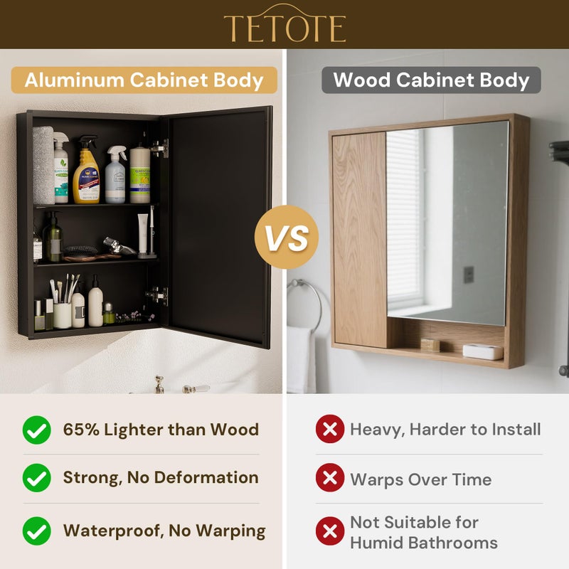 TETOTE 14 x 18 Medicine Cabinet with Tempered Beveled Mirror Black Mirrored Medicine Cabinets for Bathroom Aluminum Cabinet DTC Hinges, Stepless Adjustable Shelves, Recessed/Surface-Mounted - Image 5