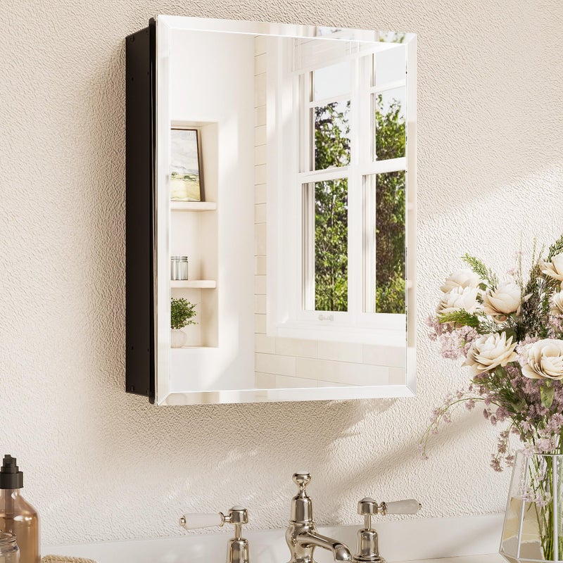 TETOTE 14 x 18 Medicine Cabinet with Tempered Beveled Mirror Black Mirrored Medicine Cabinets for Bathroom Aluminum Cabinet DTC Hinges, Stepless Adjustable Shelves, Recessed/Surface-Mounted - Image 1
