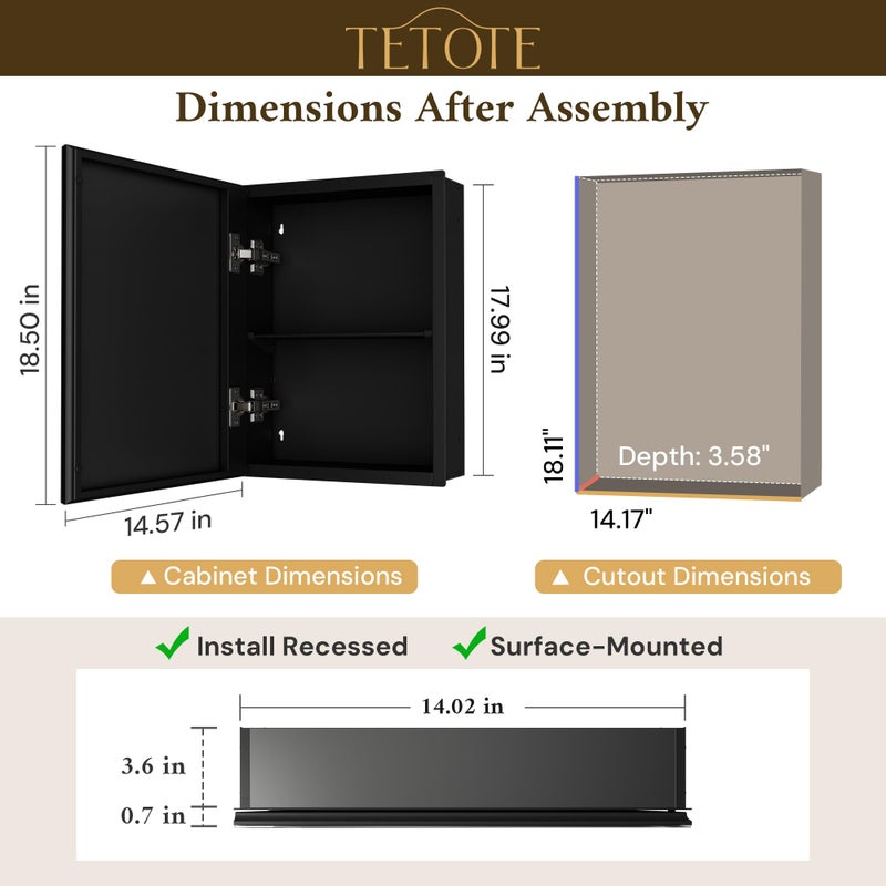 TETOTE 14 x 18 Medicine Cabinet with Tempered Beveled Mirror Black Mirrored Medicine Cabinets for Bathroom Aluminum Cabinet DTC Hinges, Stepless Adjustable Shelves, Recessed/Surface-Mounted - Image 2