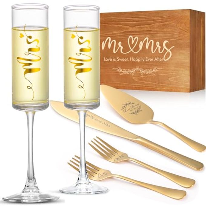 VARLKA Wedding Cake Knife and Server Set, Mr and Mrs Champagne Flutes Glasses & Forks with Wooden Box, Gold Cake Cutting Set for Wedding Engagement Bridal Shower Gifts