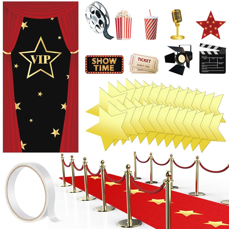 Remagr VIP Party Decorations Movie Night Party Decorations Kit VIP Door Cover 26 x 15 ft Red Carpet Runner Runway Rug 55 Gsm Thickness Movie Night