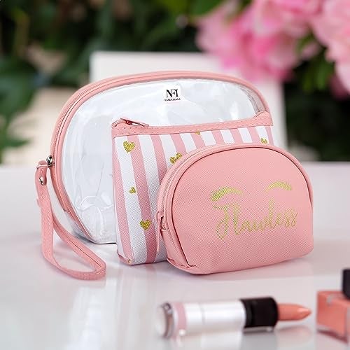 NFI essentials 3 Pcs. Cosmetic Pouch Makeup Pouch Semi-Circle Vanity Bag Travel Organizer Toiletry Pouch for Women Zippered Pouch Set, Large, Medium, Small (Pink) - Image 5