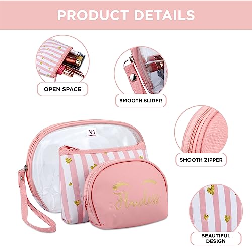 NFI essentials 3 Pcs. Cosmetic Pouch Makeup Pouch Semi-Circle Vanity Bag Travel Organizer Toiletry Pouch for Women Zippered Pouch Set, Large, Medium, Small (Pink) - Image 3