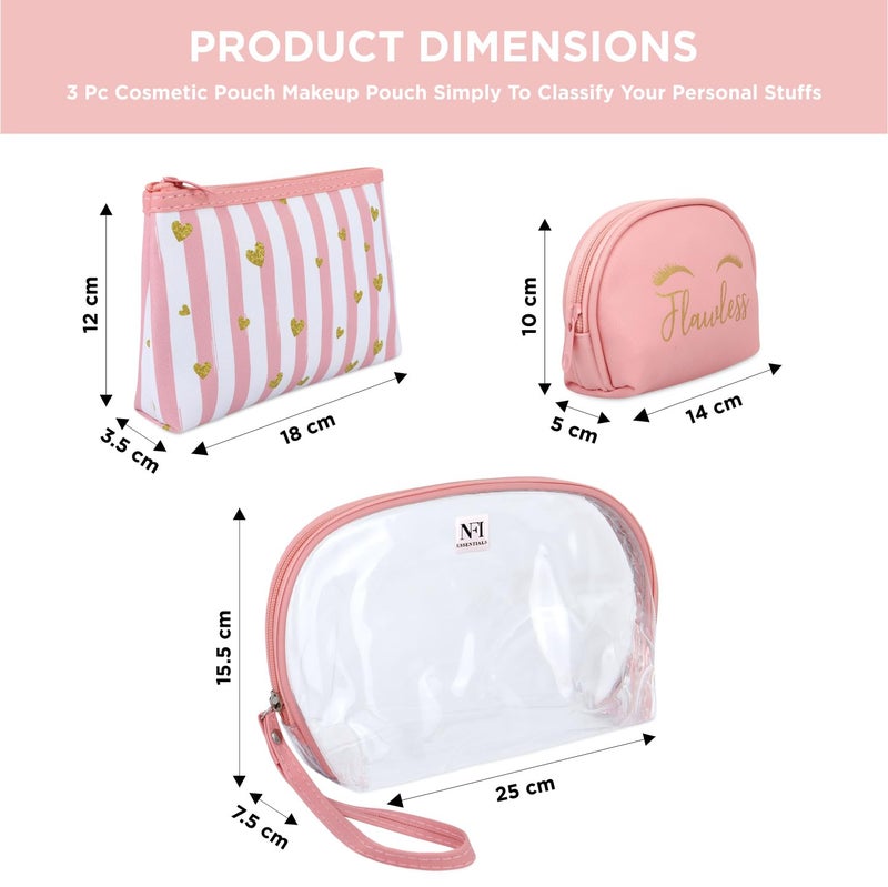 NFI essentials 3 Pcs. Cosmetic Pouch Makeup Pouch Semi-Circle Vanity Bag Travel Organizer Toiletry Pouch for Women Zippered Pouch Set, Large, Medium, Small (Pink) - Image 4