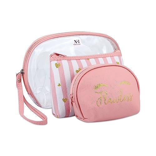 NFI essentials 3 Pcs. Cosmetic Pouch Makeup Pouch Semi-Circle Vanity Bag Travel Organizer Toiletry Pouch for Women Zippered Pouch Set, Large, Medium, Small (Pink) - Image 1