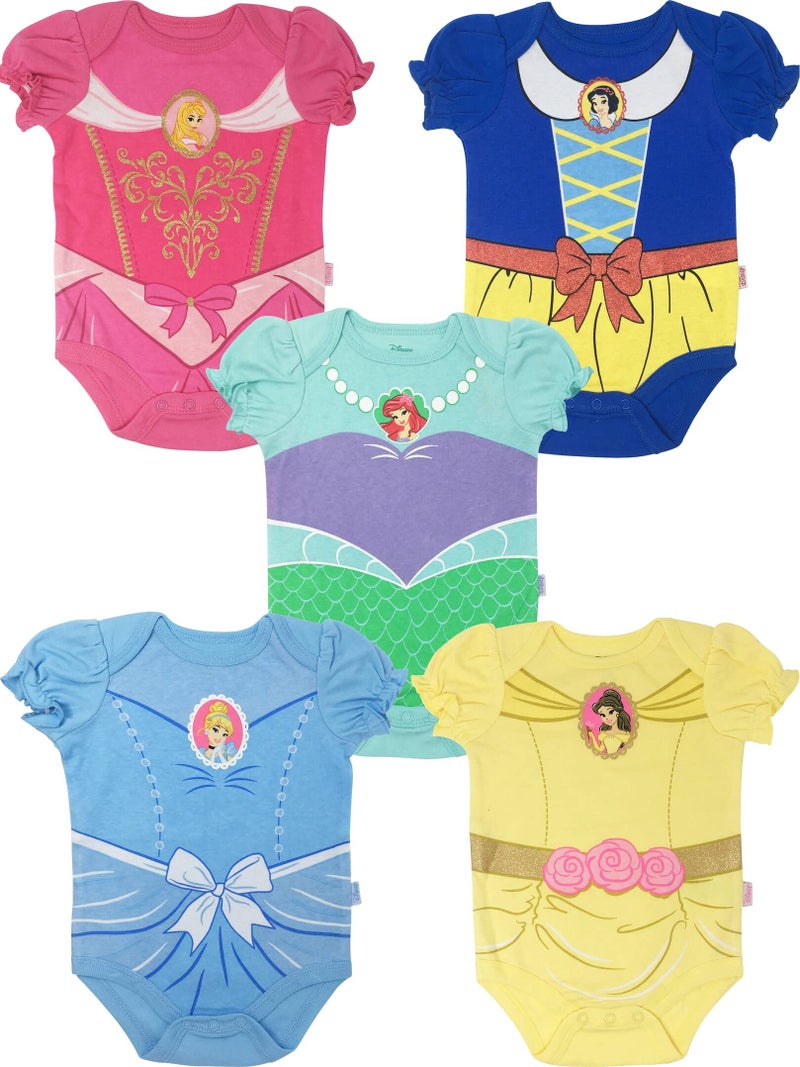 Disney Princess Snow White Belle Aurora Newborn Baby Girls 5 Pack Bodysuits Aurora, Snow White, Ariel, Cinderella, Belle 6-9 Months - Image 1