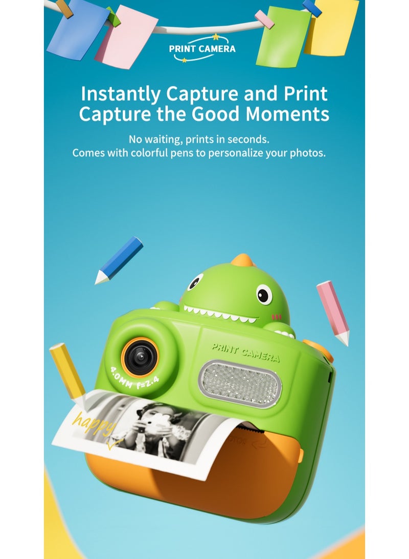 GULFLINK K64 Cute Cartoon Design HD 48 Million Pixels Video Recording 1080P Instant Print Camera Kids Toy for Children - Green - Image 2