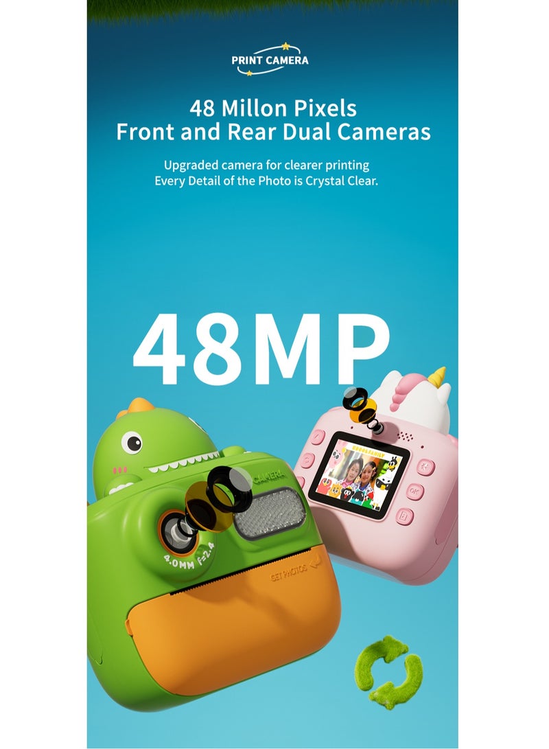 GULFLINK K64 Cute Cartoon Design HD 48 Million Pixels Video Recording 1080P Instant Print Camera Kids Toy for Children - Green - Image 5