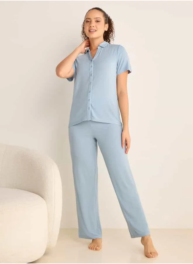 فاف Collared Shirt and Elasticated Pyjama Set